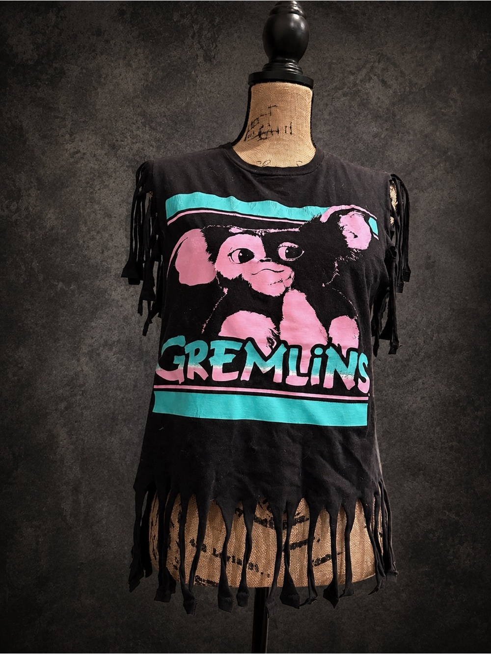 Ladies Black Gremlins Graphic Fringe Tank Top